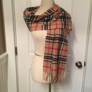 LOCHMERE SCARF CASHMERE NOVA CHECK PLAID TAN BLACK RED FRINGE LONG RECTANGLE